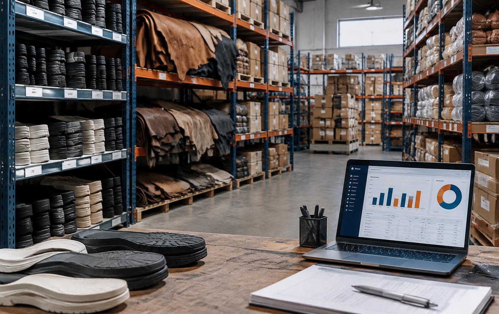 Organised footwear material store with labelled racks of soles and leather, and a laptop showing an inventory dashboard